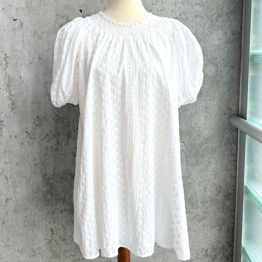 & Other Stories White Embroidered Eyelet Puff Sleeve Smock Dress-XS